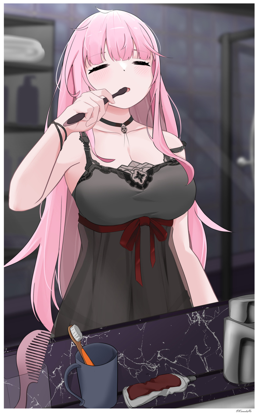 1girl =_= absurdres black_choker black_mask black_nightgown breasts brushing_teeth choker cleavage closed_eyes faucet highres holding holding_toothbrush hololive hololive_english kanadeho lace-trimmed_nightgown large_breasts long_hair mirror mori_calliope mori_calliope_(sleepwear) nightgown official_alternate_costume skull_choker solo toothbrush toothpaste virtual_youtuber