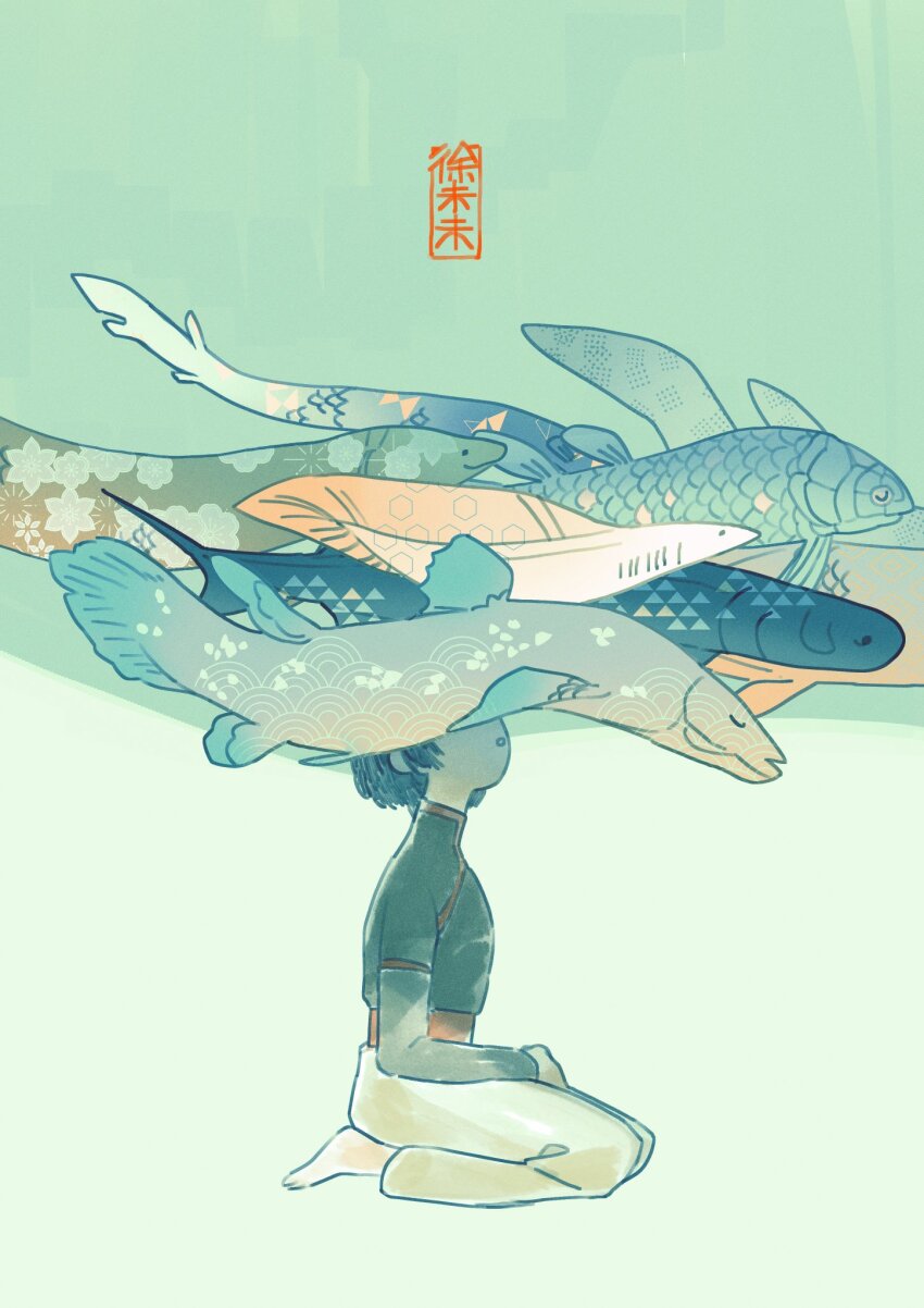 1other animal artist_logo black_hair blue_background coelacanth commentary eel english_commentary fish floating full_body gradient_background highres logo open_mouth original pants prehistoric_animal profile seiza shirt short_hair simple_background sitting weiwei_(peevishpants) white_background