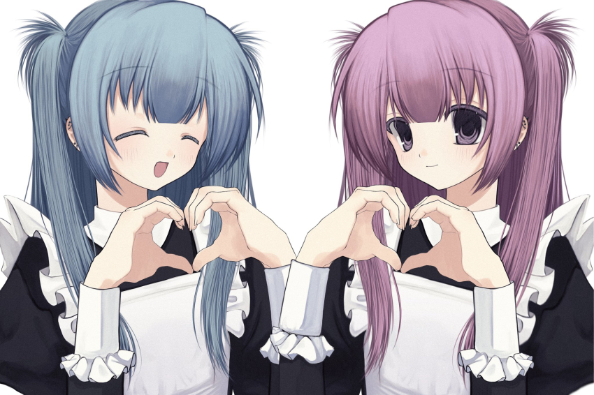 1girl 2000s_(style) blue_eyes blue_hair heart highres maid nemu_(zutto_oyasu3) original pink_eyes pink_hair siblings twins twintails