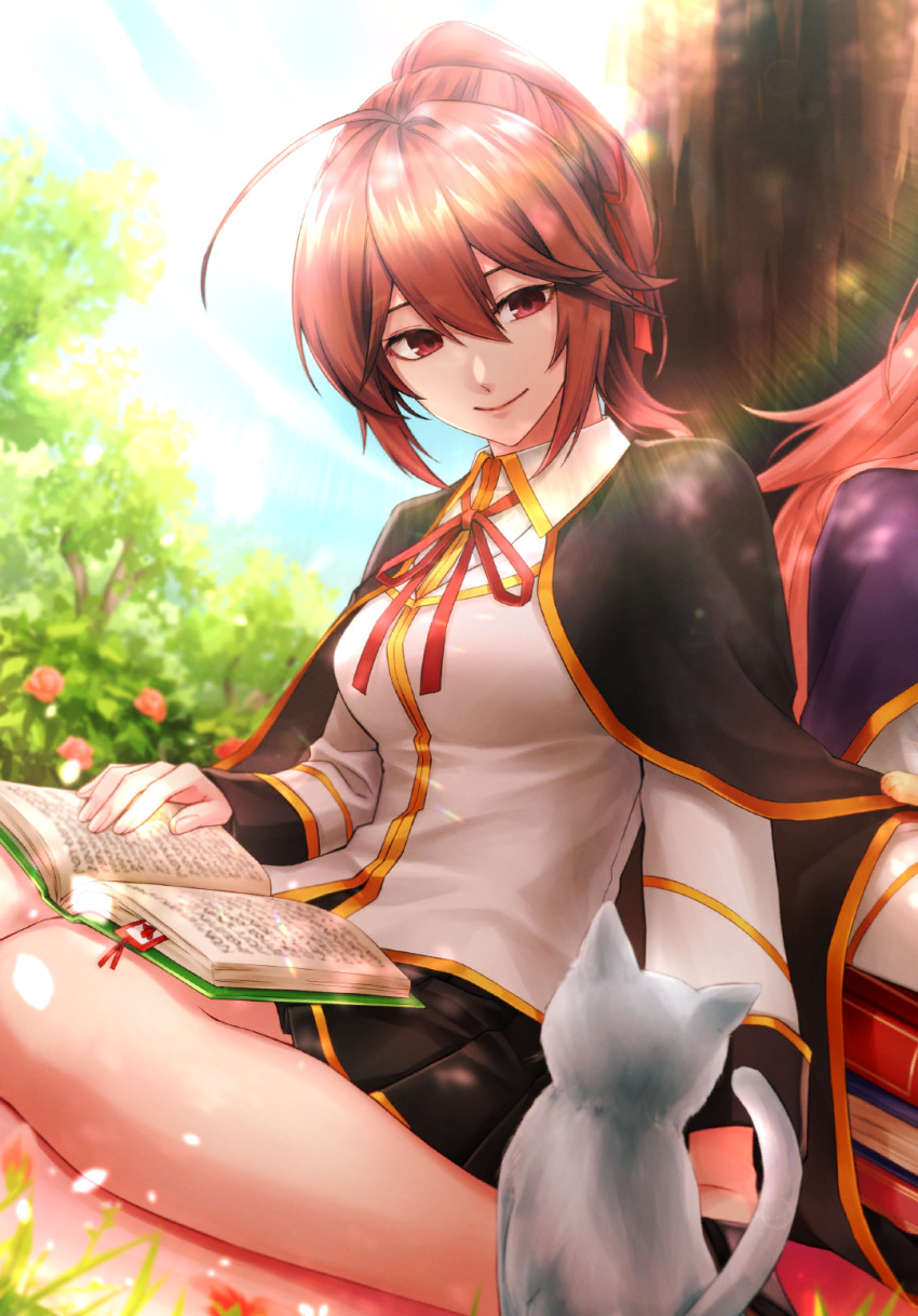 2girls ahoge black_cape blazblue blazblue_alternative:_dark_war blazblue_phase_0 book book_on_lap book_stack bow breasts brown_eyes brown_hair cape cat celica_a._mercury garden grass hair_between_eyes hair_ribbon highres konoe_a._mercury medium_breasts miniskirt multiple_girls official_art out_of_frame pink_hair pleated_skirt ponytail purple_cape reading red_ribbon ribbon school_uniform siblings sisters skirt smile sunlight tree under_tree