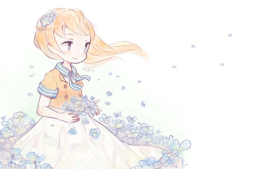 1girl blonde_hair blue_eyes blue_flower blue_scarf blue_sleeve_cuffs braid buttons closed_mouth collared_shirt commentary english_commentary eyelashes feet_out_of_frame floating_clothes floating_hair flower hair_flower hair_ornament half_up_braid happy holding holding_flower horizontal-striped_sleeve_cuffs ieafy long_hair long_skirt looking_ahead orange_shirt original petals pleated_skirt scarf shirt short_sleeves signature simple_background skirt smile solo standing striped_clothes striped_scarf white_background white_skirt wind