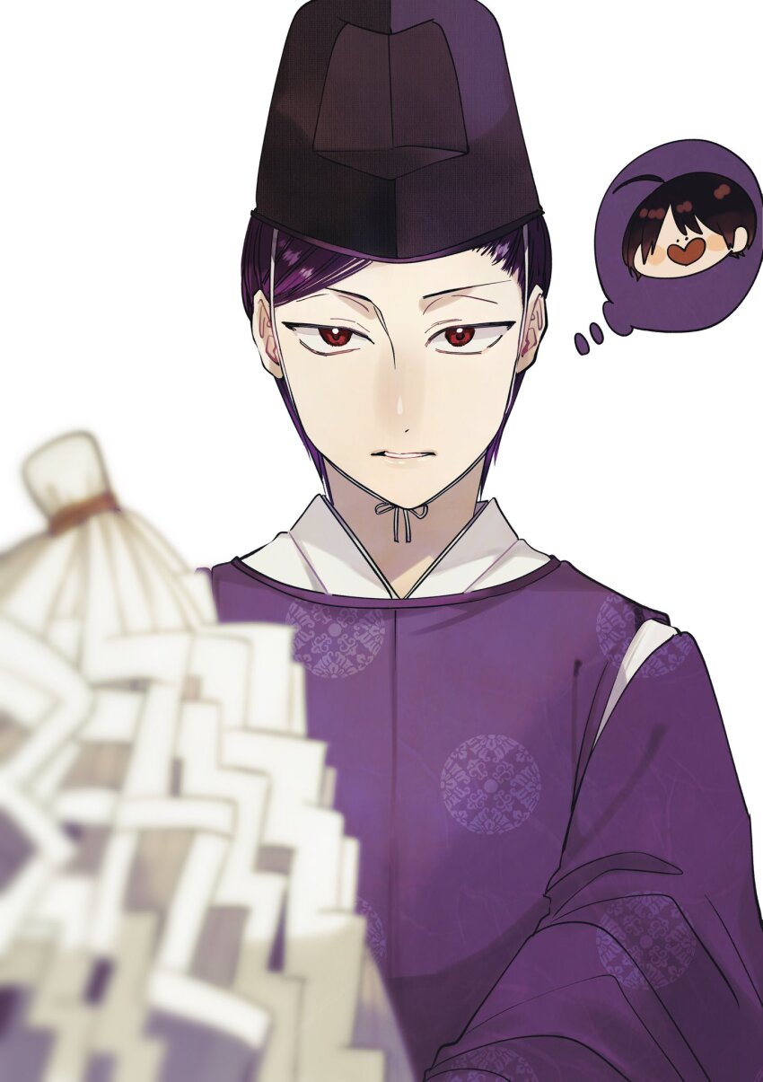 2boys youkai_gakkou_no_sensei_hajimemashita! abe_amaaki abe_haruaki black_hair brothers chibi commentary gohei hair_slicked_back hat highres japanese_clothes kimono multiple_boys priest purple_kimono red_eyes robe siblings simple_background tanaka_mai tate_eboshi thinking twins white_background youkai_gakkou_no_sensei_hajimemashita!