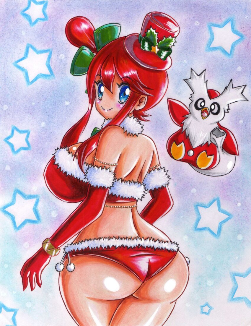 1girl akiralight ass bare_shoulders bikini blue_eyes breasts delibird from_behind gen_2_pokemon hat highres huge_breasts looking_at_viewer looking_back nintendo pokemon pokemon_bw santa_hat skyla_(pokemon) star_(symbol) swimsuit