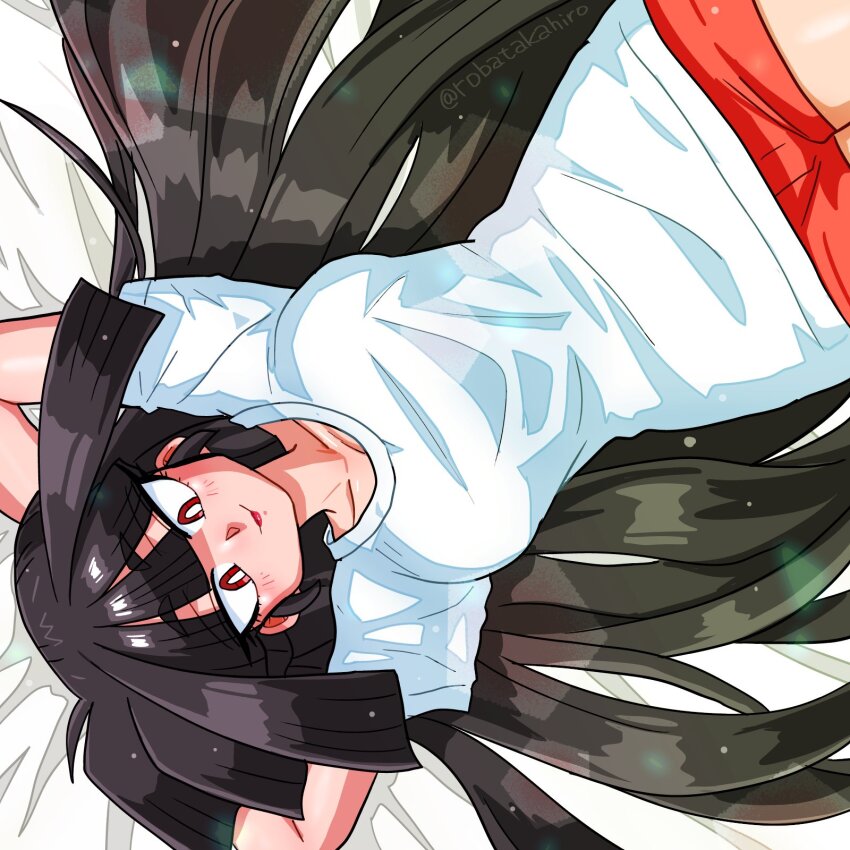 1girl arms_behind_head black_hair collarbone from_above highres igami_ichika long_hair lying on_back parted_bangs red_eyes red_shorts shirt short_shorts shorts solo susume!_ashitabara_gakuen wanta_(futoshi) white_shirt