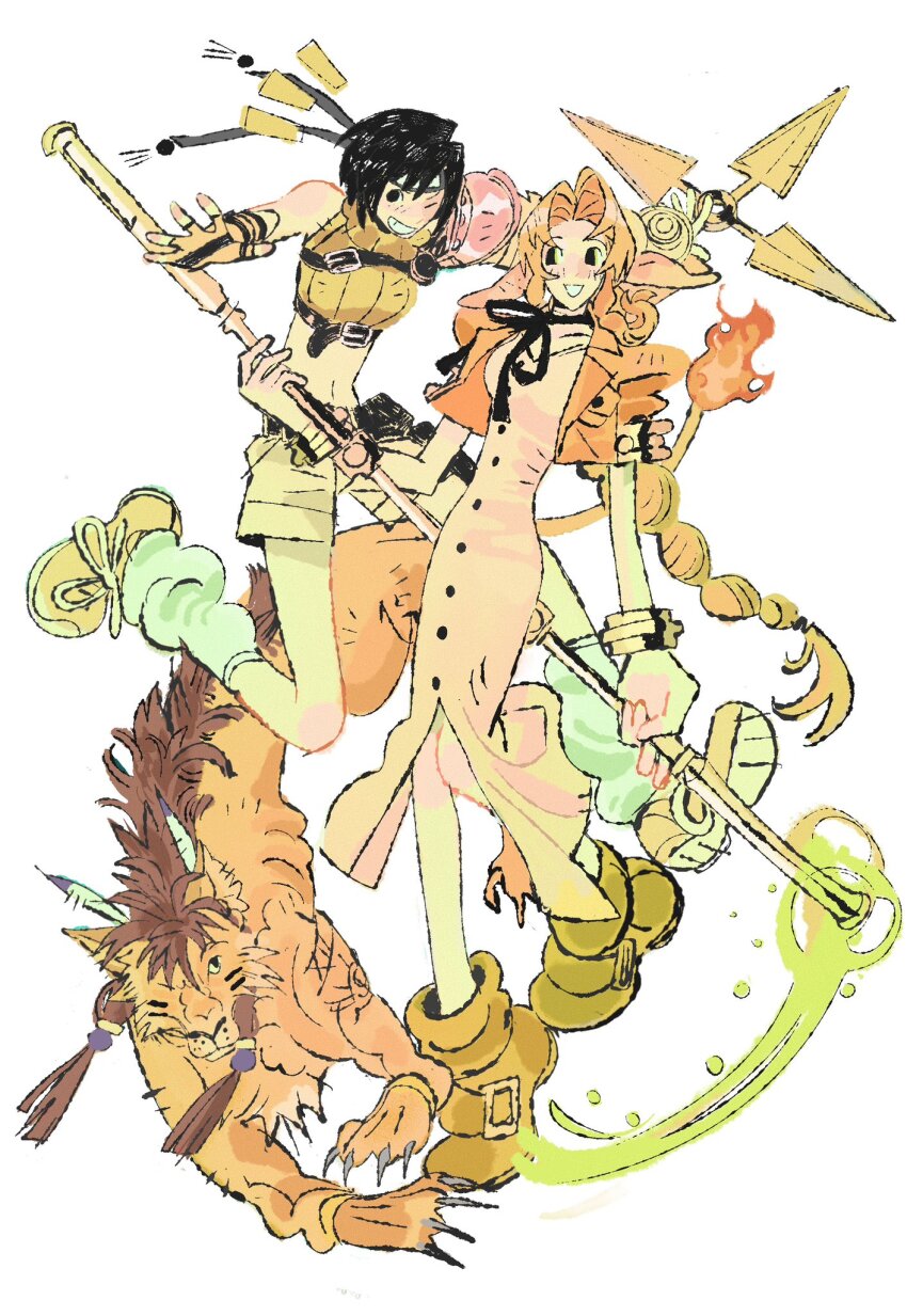 1boy 2girls aerith_gainsborough animal_ears armor bangle beads black_choker black_hair body_markings boots bracelet braid braided_ponytail breasts brown_boots brown_hair center_opening chest_strap choker crop_top cropped_jacket dress facial_mark feather_hair_ornament feathers final_fantasy final_fantasy_vii fingerless_gloves flame-tipped_tail full_body gloves grey_shorts grin hair_beads hair_ornament hair_ribbon headband highres holding holding_shuriken holding_staff holding_weapon jacket jaysoysaucee jewelry light_blush long_dress loose_socks medium_breasts midriff multiple_girls one_eye_closed orange_fur orange_shorts parted_bangs parted_lips pauldrons pink_dress pink_ribbon puffy_short_sleeves puffy_sleeves red_hair red_jacket red_xiii ribbon ribbon_choker shoes short_sleeves shorts shoulder_armor shuriken sidelocks single_bare_shoulder single_braid single_pauldron smile sneakers socks staff teeth weapon white_background yuffie_kisaragi
