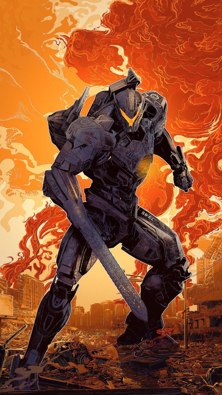 absurdres arm_blade blade building cannon chain_sword_2.0 chest_cannon cityscape damaged directed-energy_weapon dirty dual_vortex_turbine dusk embers energy energy_cannon energy_weapon fighting_stance fire gipsy_avenger glowing highres jaeger_(pacific_rim) legendary_pictures mecha non-web_source official_style pacific_rim pacific_rim_uprising pan_pacific_defense_corps poster_(medium) robot ruins science_fiction smoke weapon wreckage