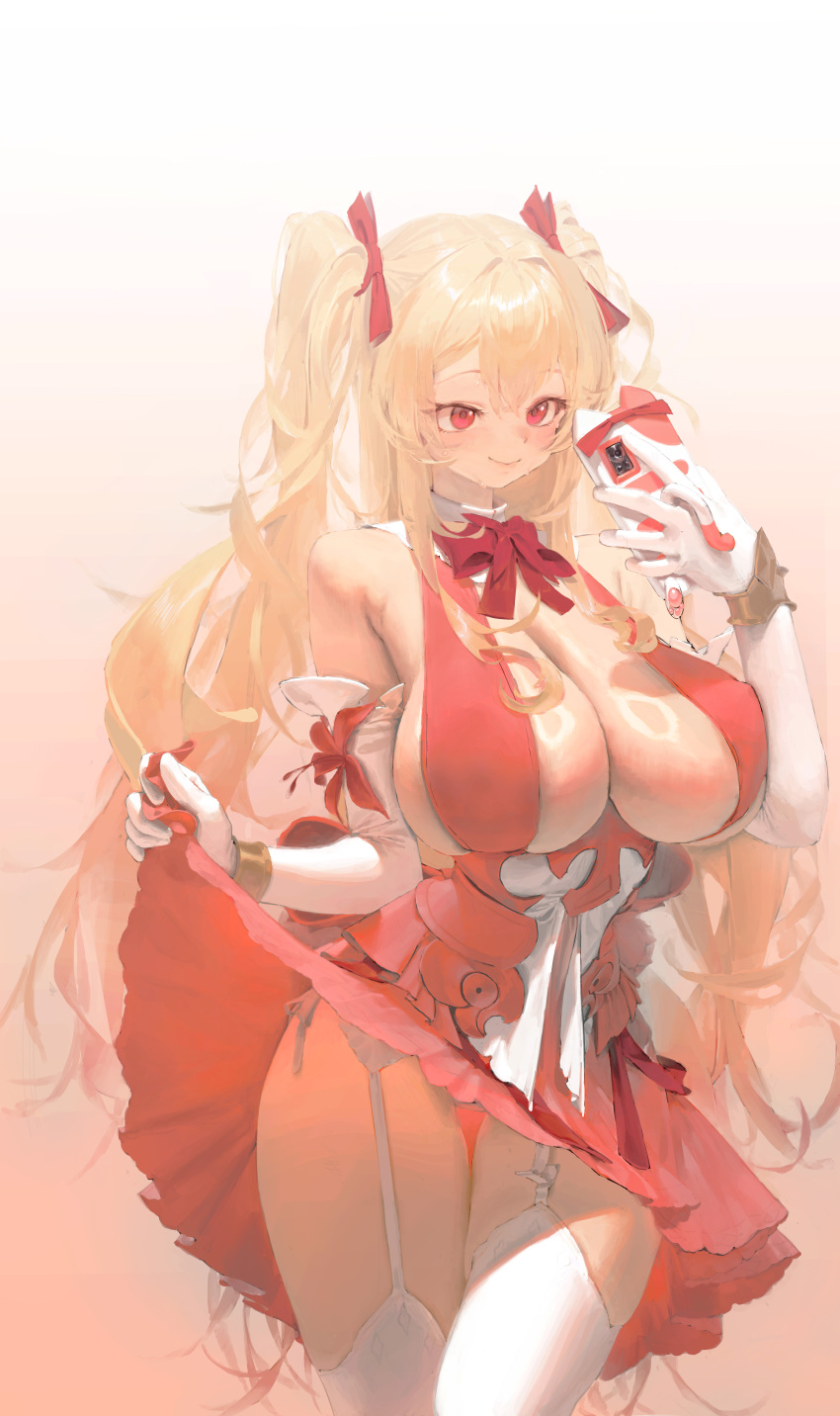 1girl absurdres blonde_hair blush bow bowtie breasts cellphone cleavage cleavage_cutout closed_mouth clothes_lift clothing_cutout commentary demonia_(hiyono) dress dress_lift elbow_gloves garter_straps gloves gradient_background hair_bow highres holding holding_phone huge_breasts large_breasts lifting_own_clothes long_hair looking_at_phone no_bra original phone pleated_dress red_bow red_bowtie red_dress red_eyes sideless_dress smartphone smile solo spd standing thighhighs twintails very_long_hair white_garter_straps white_gloves white_thighhighs
