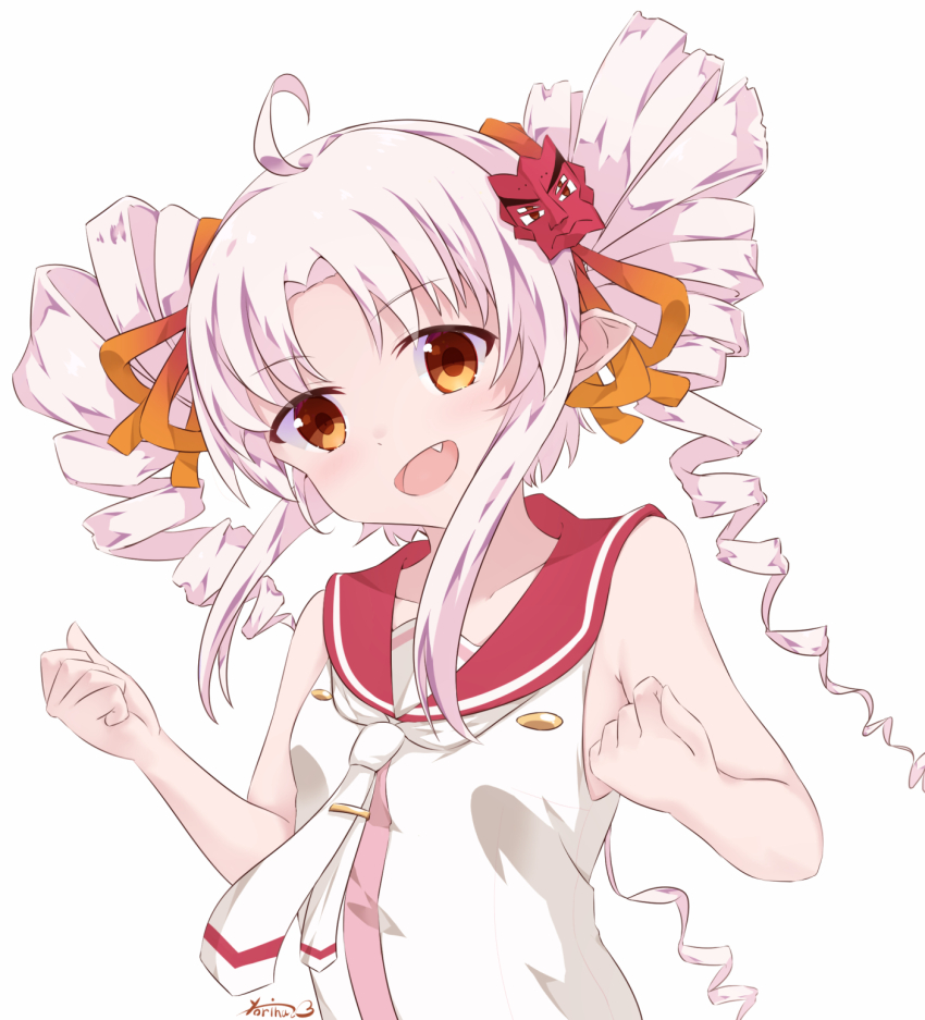 1girl :d ahoge artist_name breasts clenched_hands collarbone drill_hair fang hair_ribbon hands_up highres long_hair necktie onikko_hunter_tsuina-chan open_mouth orange_eyes orange_ribbon pointy_ears red_sailor_collar ribbon sailor_collar simple_background sleeveless small_breasts smile solo tsuina-chan twin_drills voiceroid white_background white_hair white_necktie yoriha_yashiro