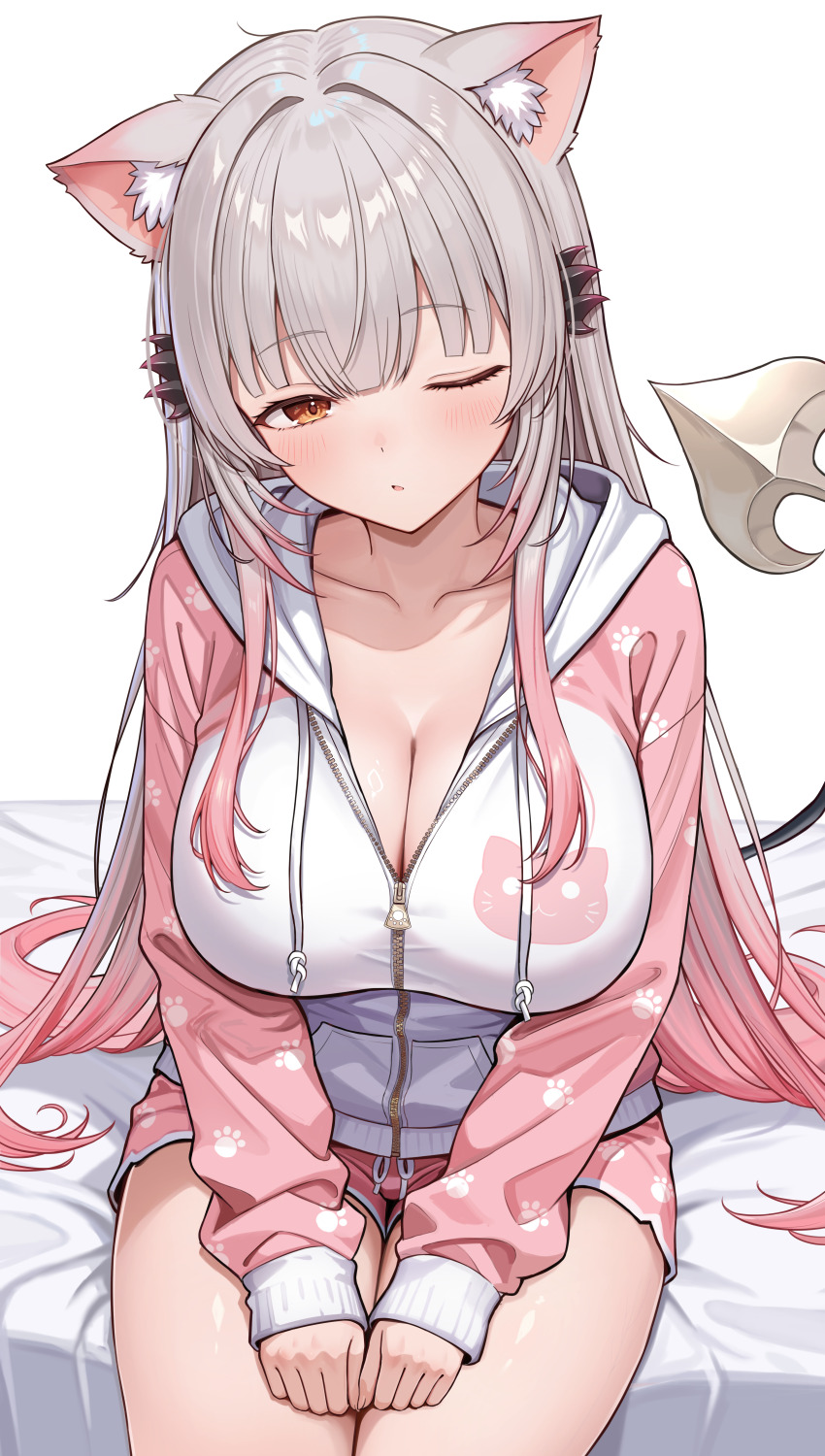 1girl absurdres animal_ear_fluff animal_ears animal_print bed_sheet blunt_bangs blush breasts brown_eyes cat_print cleavage collarbone cowboy_shot daysss demon_tail gradient_hair grey_hair hair_spread_out half-closed_eye hands_on_own_legs highres hood hood_down hooded_jacket indie_virtual_youtuber jacket large_breasts legs_together long_hair long_sidelocks long_sleeves looking_at_viewer multicolored_hair one_eye_closed parted_lips partially_unzipped paw_print pink_hair pink_jacket pink_shorts print_jacket print_shorts short_shorts shorts sidelocks simple_background sitting sleeves_past_wrists solo straight_hair suou_patra tail tail_raised two-tone_hair very_long_hair virtual_youtuber white_background white_jacket zipper