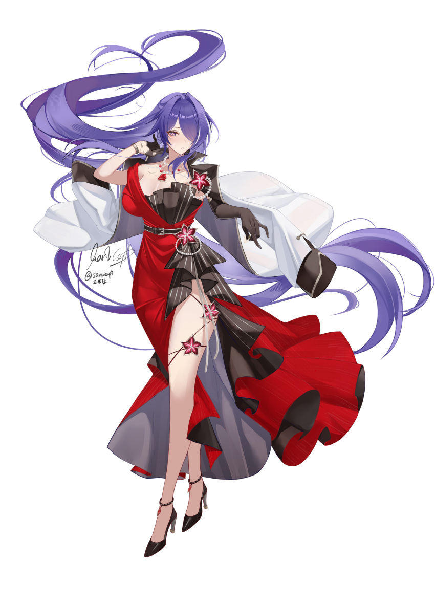 1girl absurdres acheron_(honkai:_star_rail) acheron_(star_rail_live_2025)_(honkai:_star_rail) asymmetrical_gloves black_gloves black_shoes breasts chinese_commentary commentary_request elbow_gloves floating_hair full_body gloves hair_over_one_eye hand_up harley_quinn_(red_dress) high-heel_priestess highres honkai:_star_rail honkai_(series) jacket jacket_on_shoulders large_breasts long_hair looking_at_viewer multicolored_hair official_alternate_costume purple_eyes purple_hair sanvicept shoes signature simple_background single_elbow_glove solo streaked_hair uneven_gloves very_long_hair white_background white_jacket