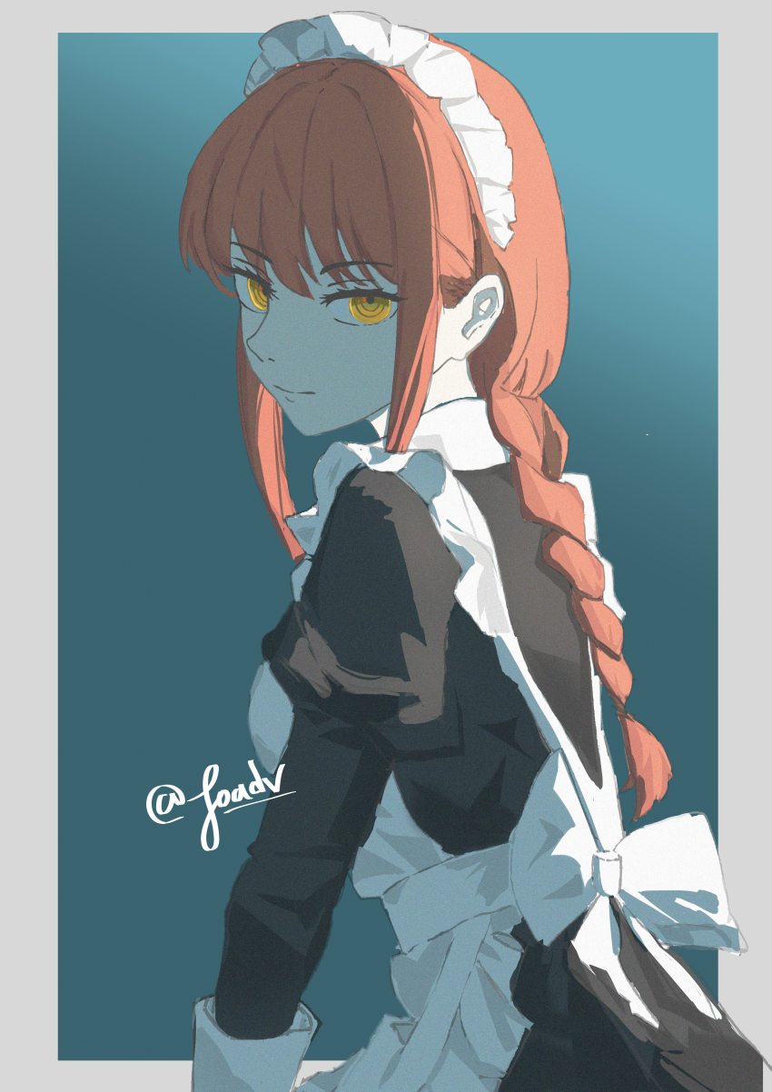 1girl absurdres alternate_costume apron black_dress braid chainsaw_man closed_mouth dress enmaided highres joadv long_hair maid maid_apron maid_headdress makima_(chainsaw_man) red_hair ringed_eyes sidelocks single_braid solo twitter_username white_apron yellow_eyes