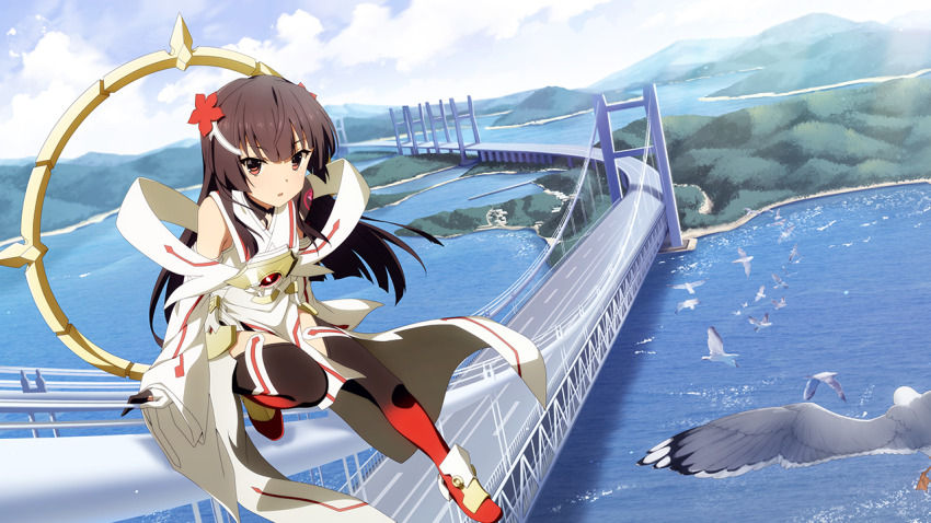 1girl animal armor armored_dress bird black_thighhighs blunt_bangs bridge brown_hair cable-stayed_bridge cloud cosplay day dress flying game_cg gradient_legwear hair_ornament hime_cut island juujou_hiyori long_hair looking_at_viewer magical_girl miyoshi_karin miyoshi_karin_(cosplay) ocean official_art orange_eyes outdoors parted_bangs red_thighhighs seagull sky solo thighhighs toji_no_miko toji_no_miko:_kizamishi_issen_no_tomoshibi water yuuki_yuuna_wa_yuusha_de_aru yuusha_de_aru