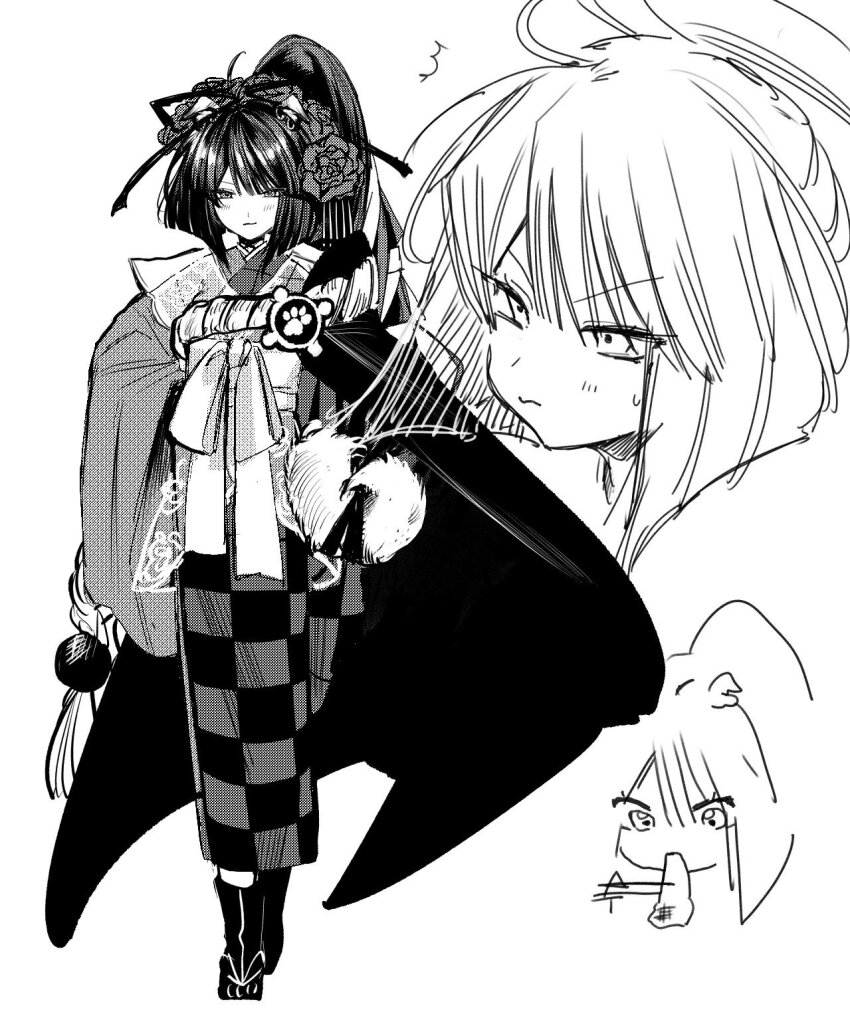 1girl black_cloak black_footwear black_hair blunt_bangs blunt_ends blush checkered_clothes checkered_skirt chinese_hairpin chopsticks cloak closed_mouth eating fate/grand_order fate_(series) floral_print flower flower_hairband furrowed_brow grey_kimono greyscale hair_between_eyes hair_flower hair_ornament highres holding holding_chopsticks japanese_clothes kimono kyokutei_bakin_(fate) long_hair looking_at_viewer monochrome obi ponytail ribbon sash sidelocks sketch skirt sweatdrop tsuno_(tnngur) white_ribbon white_sash