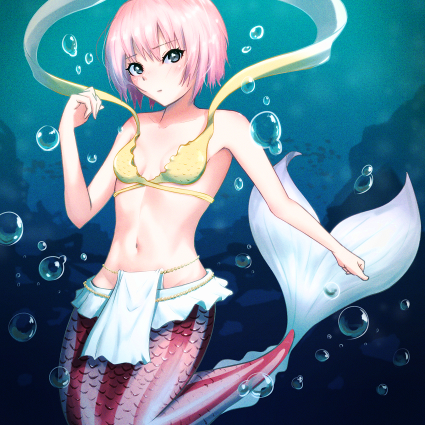 1girl air_bubble alternate_color alternate_eye_color bare_shoulders belly_chain bikini blue_eyes blush breasts bubble closed_mouth collarbone commentary cosplay criss-cross_straps curled_fingers dot_mouth expressionless fish hand_up highres jewelry mermaid midriff monster_girl nanasaki_ai navel one_piece oshizu outstretched_arm pelvic_curtain pink_hair shirahoshi shirahoshi_(cosplay) short_hair skirt small_breasts solo swimsuit tail_raised toned toned_female underwater very_short_hair voice_actor_connection white_skirt yellow_bikini