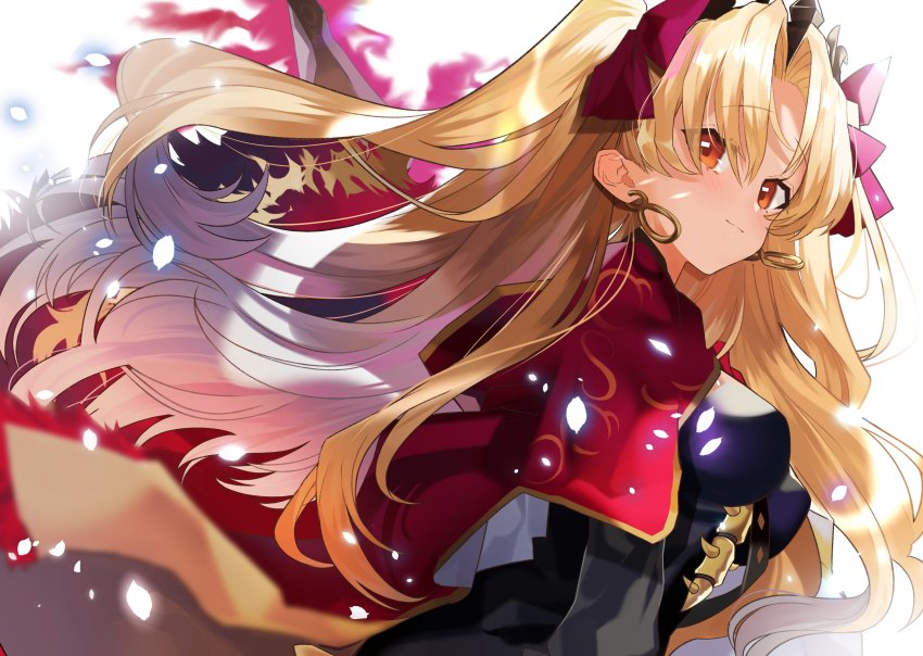 1girl absurdres black_dress black_headwear blonde_hair cape closed_mouth commentary dress earrings ereshkigal_(fate) fate/grand_order fate_(series) hair_ribbon highres infinity_symbol jewelry light_particles long_hair long_sleeves looking_at_viewer motion_blur parted_bangs pomu_(pomu_me) print_cape purple_ribbon red_cape red_eyes ribbon smile solo standing tiara two-sided_cape two-sided_fabric two_side_up white_background wind
