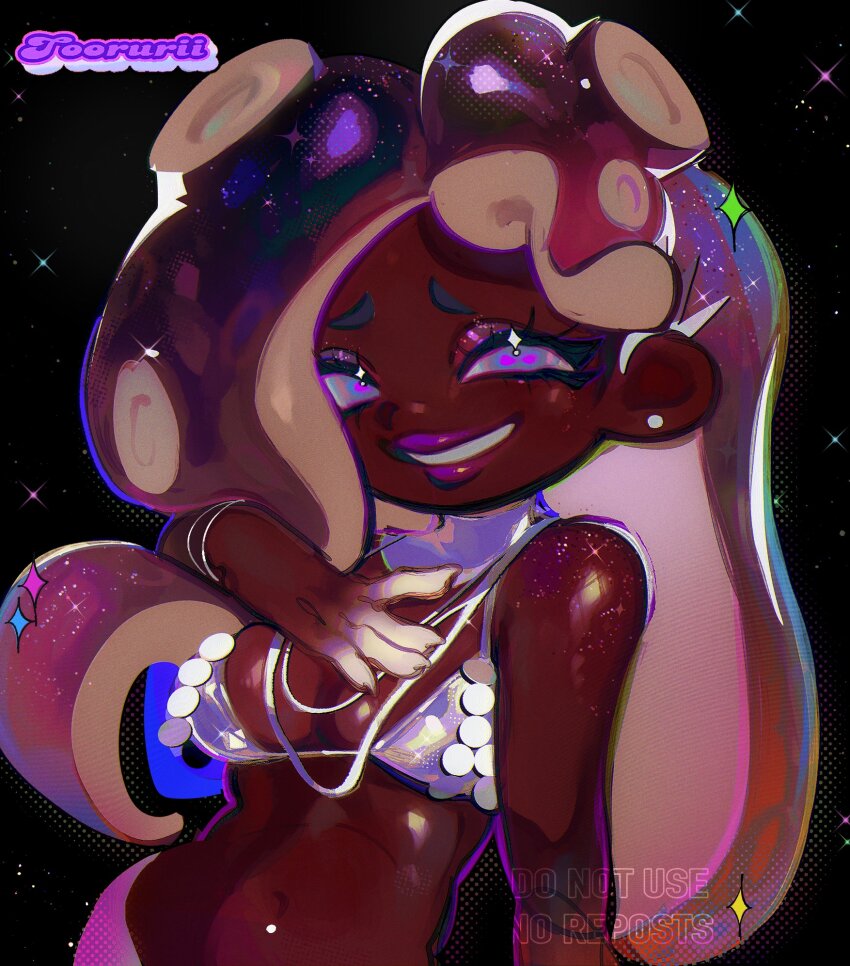 1girl bikini bikini_top_only black_hair breasts cephalopod_eyes cleavage commentary commentary_request dark-skinned_female dark_skin english_commentary eyelashes glitter gradient_hair grey_bikini highres long_hair looking_at_viewer marina_(grand_festival)_(splatoon) marina_(splatoon) medium_breasts multicolored_hair nintendo octoling official_alternate_costume pink_hair purple_lips smile splatoon_(series) splatoon_2 suction_cups swimsuit tentacle_hair torurii upper_body very_dark_skin watermark