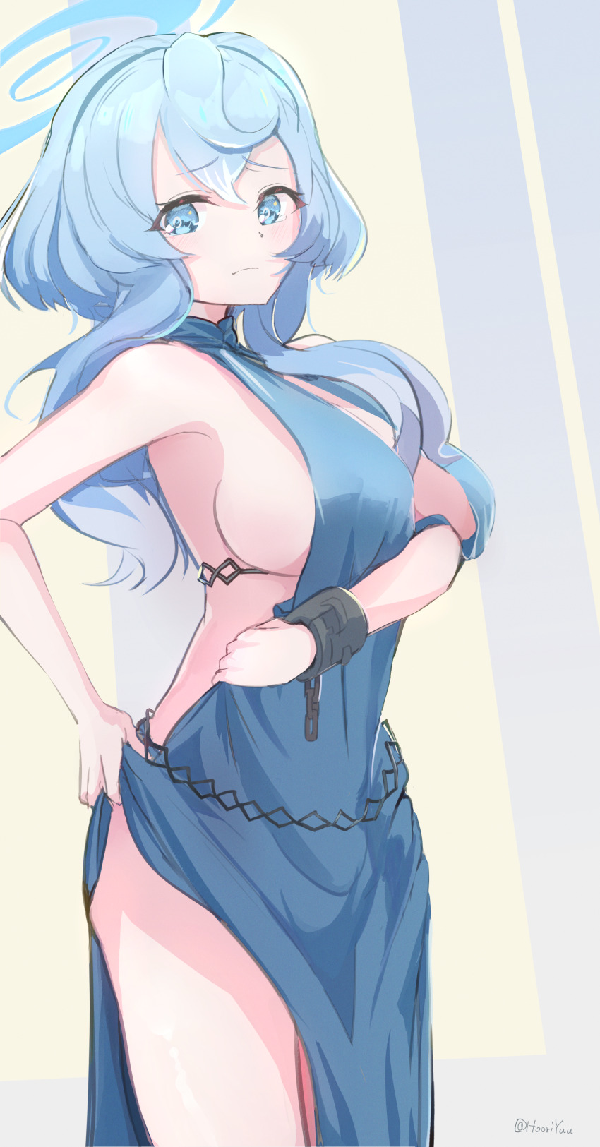 1girl absurdres adjusting_clothes adjusting_dress ako_(blue_archive) ako_(dress)_(blue_archive) artist_name blue_archive blue_dress blue_eyes blue_hair blue_halo breasts closed_mouth commentary_request cowboy_shot dress halo highres hooriyuu large_breasts long_hair looking_at_viewer official_alternate_costume sideboob sideless_dress solo twitter_username