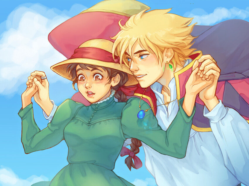 1boy 1girl absurdres blonde_hair blue_eyes blue_sky braid brown_eyes brown_hair cloak cloud couple day dress hat highres holding_hands howl_(howl_no_ugoku_shiro) howl_no_ugoku_shiro jewelry long_hair long_sleeves necklace open_mouth pendant single_braid sky sophie_(howl_no_ugoku_shiro) studio_ghibli whitney_lanier