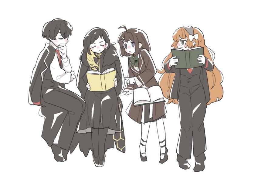 1boy 3girls ahoge binah_(project_moon) black_coat black_dress black_hair black_pants black_pantyhose black_shoes blonde_hair blue_eyes bow bowtie brown_dress brown_hair closed_eyes closed_mouth coat coat_on_shoulders collared_shirt colored_inner_hair commentary_request dress earrings freckles full_body fur-trimmed_coat fur_trim green_bow green_bowtie green_eyes hair_bow hair_ornament hairclip highres hod_(project_moon) ishmael_(project_moon) jewelry kojocho05 lapels library_of_ruina limbus_company long_hair long_sleeves looking_at_another mole mole_under_eye multicolored_hair multiple_girls necktie orange_hair pants pantyhose project_moon reading red_necktie shirt shoes short_hair simple_background sitting very_long_hair white_background white_bow white_pantyhose white_shirt yi_sang_(project_moon)