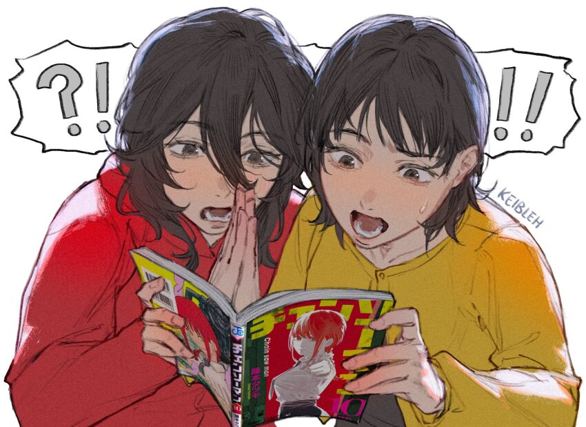 ! !! !? 2girls ayumu_fujino black_eyes black_hair black_shirt chainsaw_man commentary english_commentary highres jacket keibleh kyomoto_(look_back) look_back_(manga) makima_(chainsaw_man) manga_(object) multiple_girls open_mouth red_jacket shirt yellow_jacket