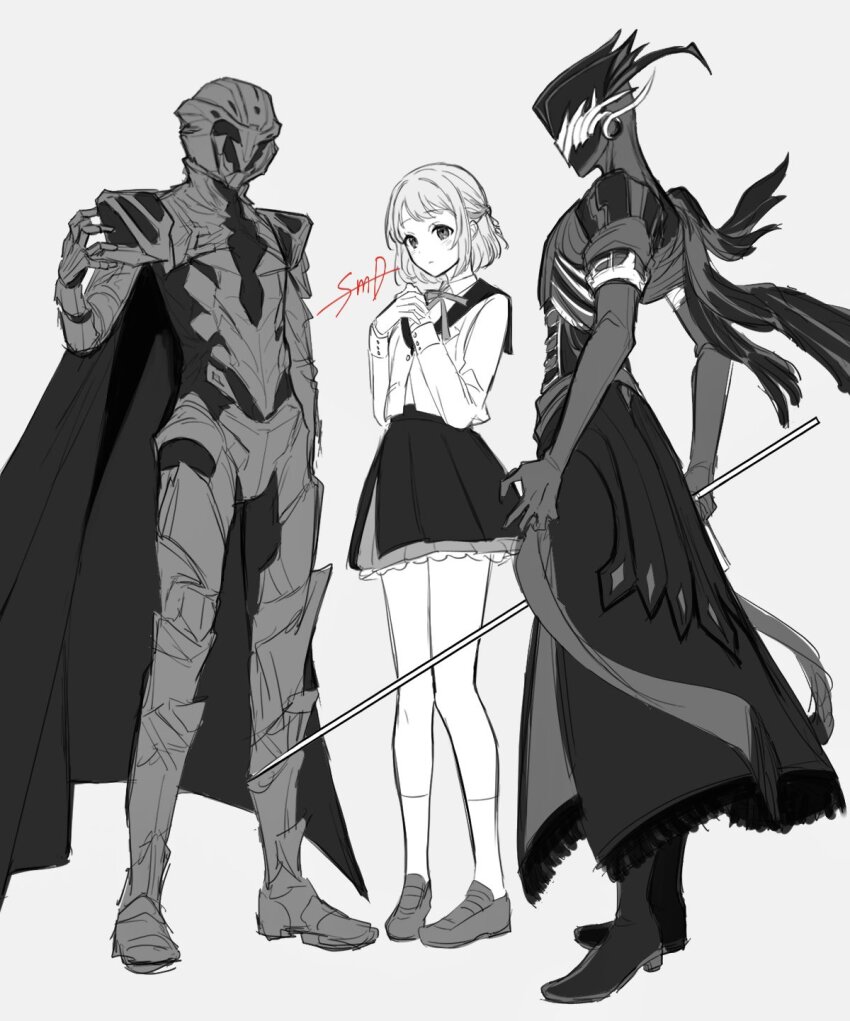 1girl 2boys antonio_salieri_(fate) antonio_salieri_(first_ascension)_(fate) armor armored_boots artist_name boots braid cape collared_shirt copyright_request crossover elbow_gloves fate/grand_order fate_(series) frilled_skirt frills full_armor full_body gakuen_idolmaster gloves greyscale half_up_braid hand_up hands_up hatsuboshi_gakuen_school_uniform highres holding holding_sword holding_weapon idolmaster jacket katsuragi_lilja layered_skirt loafers long_sleeves medium_hair monochrome multiple_boys neck_ribbon odysseus_(fate) ribbon sailor_collar school_uniform shirt shoes signature simple_background sketch skirt socks standing sumi_(gfgf_045) sword weapon wing_collar