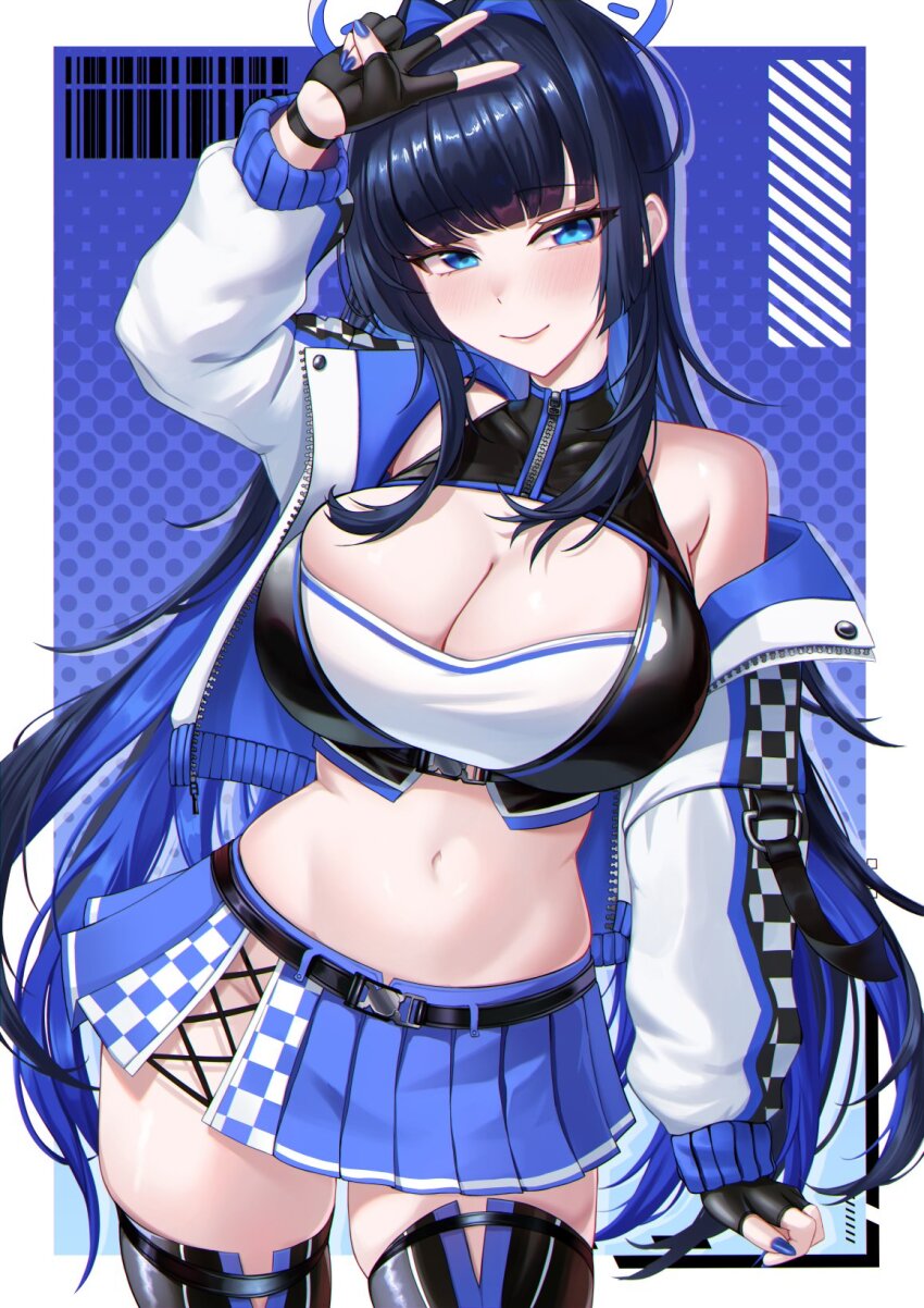 1girl black_hair black_thighhighs blue_eyes blue_hair blue_nails blue_skirt breasts cleavage cotton_noir fingerless_gloves gloves hair_intakes highres hololive hololive_english jacket large_breasts light_blush long_hair looking_at_viewer multicolored_hair navel open_clothes open_jacket ouro_kronii pleated_skirt race_queen skirt smile solo thighhighs v virtual_youtuber