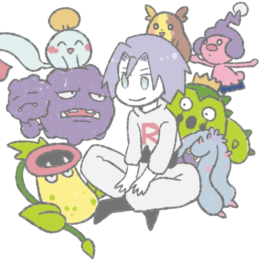1boy black_boots boots cacnea chibi chibi_only chimecho crossed_legs gen_1_pokemon gen_3_pokemon gen_4_pokemon gen_7_pokemon gen_8_pokemon highres james_(pokemon) manzarademonai mareanie mime_jr. morpeko morpeko_(full) nintendo on_floor pokemon pokemon_(anime) pokemon_(creature) single_letter sitting team_rocket team_rocket_uniform victreebel weezing white_background