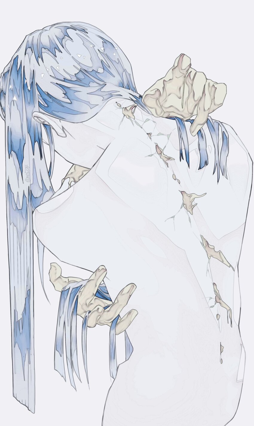1other blue_hair colored_skin completely_nude cracked_skin from_behind golden_arms highres holding holding_own_hair houseki_no_kuni long_hair melting mt5_014 nude other_focus phosphophyllite phosphophyllite_(ll) simple_background solo straight_hair white_skin