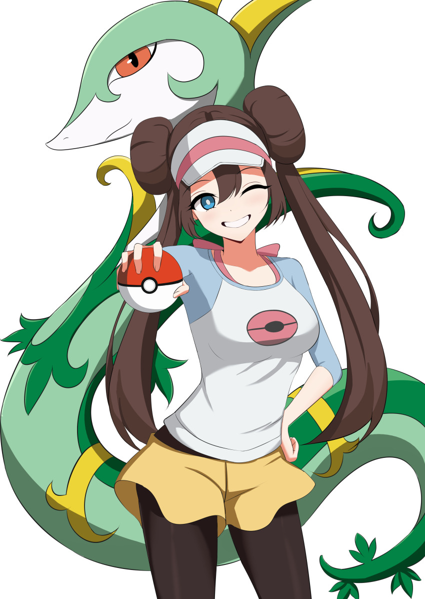 1girl absurdres blue_eyes breasts bright_pupils brown_hair commentary_request double_bun gen_5_pokemon grin hair_bun hand_on_own_hip happy highres holding holding_poke_ball korean_commentary lideumtaneunbaechu long_hair looking_at_viewer nintendo one_eye_closed outstretched_arm pantyhose poke_ball poke_ball_(basic) pokemon pokemon_(creature) pokemon_bw2 raglan_sleeves rosa_(pokemon) serperior shirt shorts smile teeth twintails visor_cap white_background white_pupils yellow_shorts