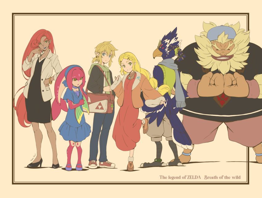 3boys 3girls alternate_costume arm_fins artist_name bag barefoot bird_boy black_dress black_shirt blonde_hair blue_dress blue_eyes blue_lips blue_scarf braid brown_jacket brown_shorts casual clenched_hands closed_eyes commentary_request copyright_name crown_braid dark-skinned_female dark_skin daruk dress fish_girl gerudo goron green_eyes green_hoodie green_shirt grin hair_ornament hairclip hand_on_own_chin hand_on_own_hip hand_up high_heels highres hood hoodie jacket layered_shirt leg_up link long_hair looking_at_viewer looking_back low-tied_long_hair low_ponytail medium_hair mipha multiple_boys multiple_girls nintendo open_clothes open_jacket outside_border own_hands_together pink_dress pointy_ears ponytail princess_zelda print_shirt red_hair revali rito scarf shirt shoes shorts sleeveless sleeveless_shirt smile split_mouth standing the_legend_of_zelda the_legend_of_zelda:_breath_of_the_wild tomo.puri triforce urbosa very_long_hair white_jacket yellow_background zora