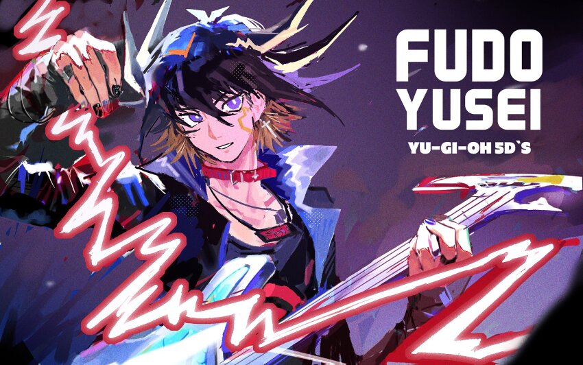 1boy alkali3060 black_hair black_jacket black_nails black_shirt blue_background blue_eyes character_name choker colored_tips copyright_name cross cross_earrings earrings electric_guitar electricity english_text facial_mark facing_to_the_side fudo_yusei guitar hair_slicked_back hand_up highres holding holding_guitar holding_instrument instrument jacket jewelry lanyard leather leather_jacket looking_to_the_side male_focus multicolored_hair open_clothes open_jacket outstretched_arm pinching pinching_gesture popped_collar red_choker shirt spiked_hair stage stage_lights yu-gi-oh! yu-gi-oh!_5d&#039;s
