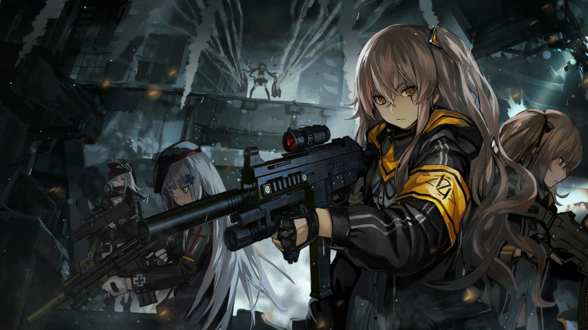 404_(girls&#039;_frontline) 5girls armband assault_rifle beret bullpup caseless_firearm cityscape emblem g11_(girls&#039;_frontline) girls&#039;_frontline gloves gun h&amp;k_g11 h&amp;k_hk416 h&amp;k_ump hat heckler_&amp;_koch highres hk416_(girls&#039;_frontline) holding holding_gun holding_weapon infukun letterboxed long_hair looking_at_viewer multiple_girls official_art ouroboros_(girls&#039;_frontline) rifle ruins sangvis_ferri scar scar_across_eye scar_on_face smoke submachine_gun ump45_(girls&#039;_frontline) ump9_(girls&#039;_frontline) weapon yellow_armband yellow_eyes