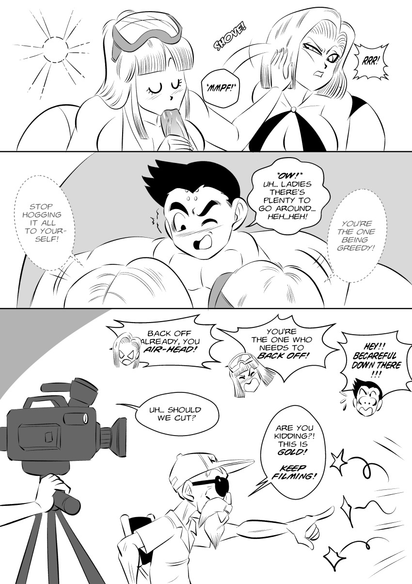 1boy 2girls absurdres android_18 ass black_hair breasts buttjob couple dragon_ball fellatio funsexydragonball highres huge_ass husband_and_wife kuririn large_breasts large_penis maron_(dragon_ball) multiple_girls muscular muscular_male oral penis thick_thighs thighs