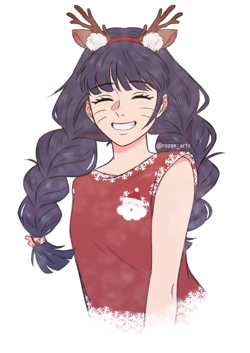 1girl absurdres alternate_hairstyle animal_ear_hairband animal_ears balcony boruto:_two_blue_vortex braid closed_eyes facial_mark fake_animal_ears fake_antlers grin hairband highres long_hair low_twin_braids naruto_(series) red_shirt rozan_arts shirt sleeveless sleeveless_shirt smile snowflake_print solo twin_braids upper_body uzumaki_himawari watermark whisker_markings