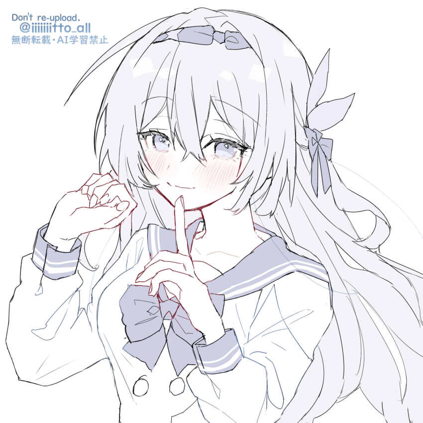 1girl bow bowtie collarbone commentary_request firefly_(honkai:_star_rail) firefly_(spring_missive)_(honkai:_star_rail) greyscale hair_ornament hairband highres honkai:_star_rail honkai_(series) iiiiiiitto_all long_hair long_sleeves looking_at_viewer monochrome official_alternate_costume pointing pointing_up school_uniform serafuku smile solo twitter_username upper_body