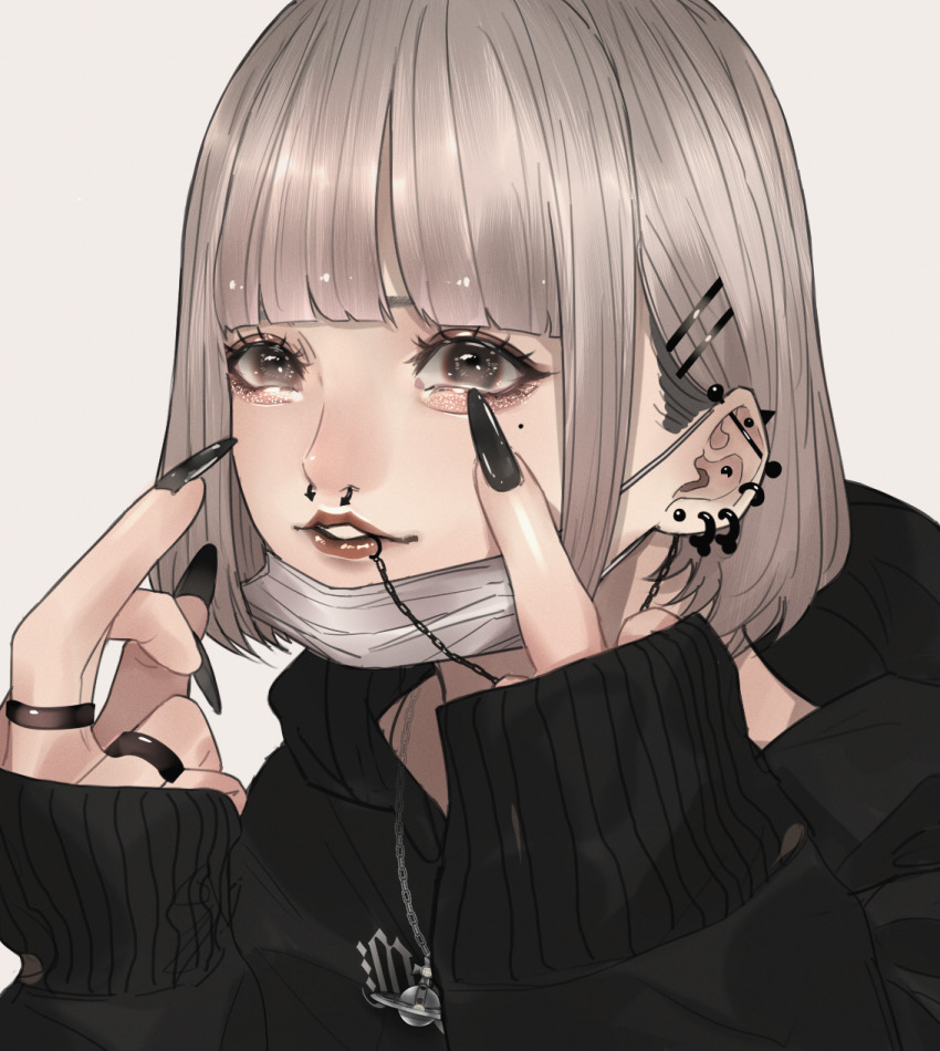 1girl aegyo_sal barbell_piercing black_hoodie black_nails blunt_bangs ear_piercing earrings eyelashes face_piercing glitter_makeup grey_background grey_eyes grey_hair hair_ornament hairclip highres hood hood_down hoodie jewelry lip_piercing lipstick long_sleeves makeup mano_aaa mask middle_finger mole mole_under_eye mouth_mask multiple_rings nail_polish necklace original parallel_hairclips parted_lips piercing planet_necklace portrait red_lips ring short_hair simple_background sleeves_past_wrists solo stud_earrings very_long_fingernails