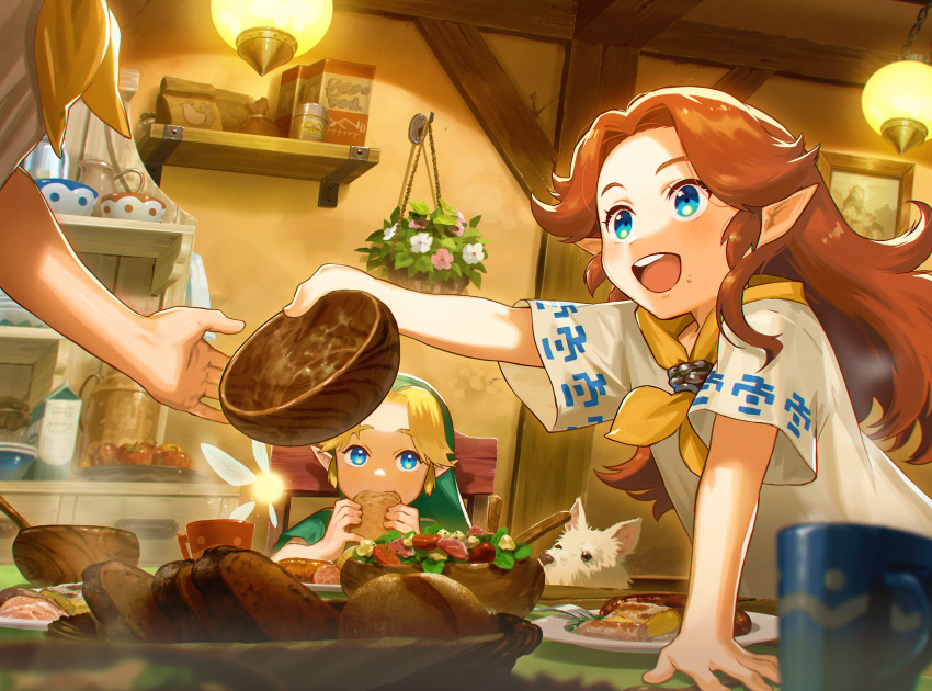 1boy 2girls :d animal bowl bread brown_hair chair child cremia dog eating fairy food food_in_mouth forehead giving green_headwear green_tunic hanging_light hanging_plant hat highres holding holding_bowl indoors link long_hair milk_carton multiple_girls neckerchief nintendo nshi open_mouth out_of_frame parted_bangs pointy_ears romani_(zelda) salad sausage shelf shirt short_hair short_sleeves siblings sisters sitting smile table tatl teeth the_legend_of_zelda the_legend_of_zelda:_majora&#039;s_mask tunic upper_body upper_teeth_only white_shirt wooden_bowl yellow_neckerchief young_link