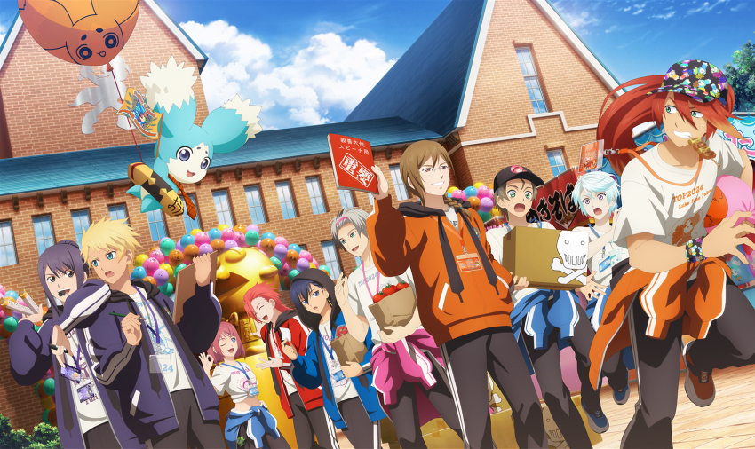 3girls 6+boys apple bag balloon baseball_cap black_hat black_hood black_pants blonde_hair blue_eyes blue_footwear blue_jacket blue_sky box brown_bag brown_eyes brown_hair building cardboard_box character_request clipboard closed_eyes clothes_around_waist clothes_writing cloud creature earrings facing_another floating_earring food fruit glasses green_eyes grey_hair grin guy_cecil hair_between_eyes hairband hat headband highres holding holding_bag holding_box holding_clipboard holding_notebook holding_pencil hood hood_down hood_up id_card jacket jacket_around_waist jade_curtiss jewelry lanyard long_hair long_sleeves looking_at_another luke_fon_fabre mieu_(tales) mikleo_(tales) mouth_hold multiple_boys multiple_girls notebook official_art ok_sign one_eye_closed open_clothes open_jacket open_mouth orange_hair orange_jacket orange_shoes outdoors pants paper_bag pencil pink_eyes pink_hair pink_hairband pink_jacket ponytail promotional_art purple_hair purple_jacket red_eyes red_hair running second-party_source shirt shoes short_hair short_sleeves sidelocks skewer skull sky smile sorey_(tales) sweatdrop tales_of_(series) tales_of_festival_2024 tales_of_the_abyss tales_of_zestiria teeth_hold tomato tree white_hair white_shirt window