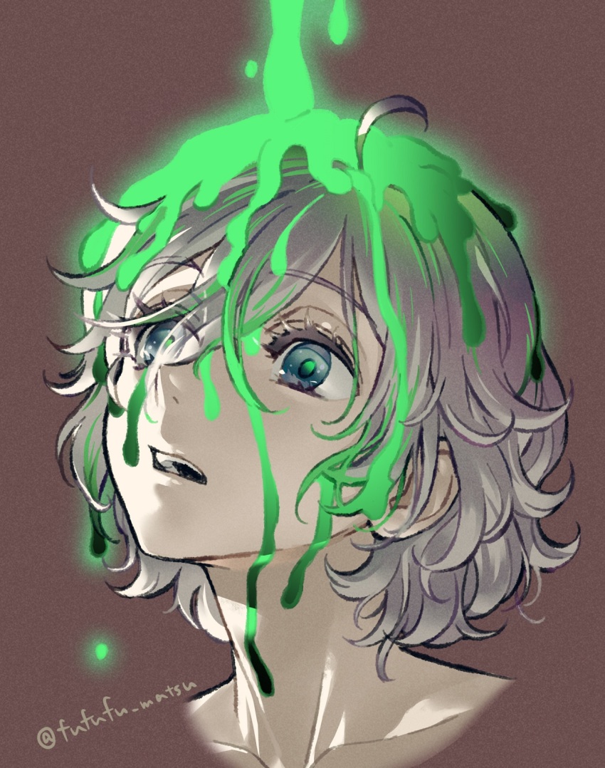 1boy blue_eyes brown_background commentary_request epel_felmier funuyu grey_hair highres male_focus portrait short_hair simple_background slime_(substance) solo twisted_wonderland