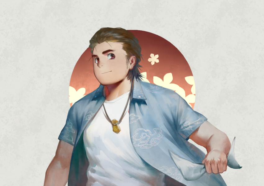 1boy ano_hi_mita_hana_no_namae_wo_bokutachi_wa_mada_shiranai. brown_hair cloud_print hisakawa_tetsudou jewelry looking_at_viewer male_focus necklace quirrel_(gharnedanshyo) red_eyes shirt solo standing white_shirt