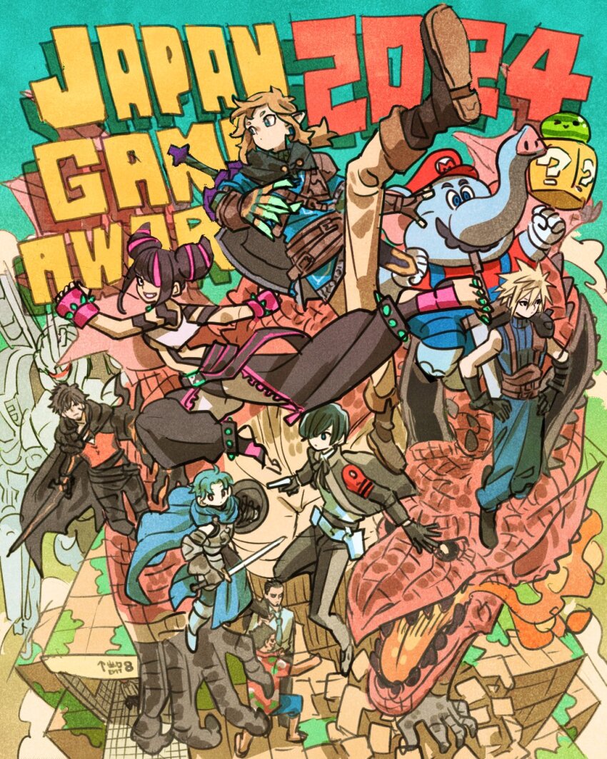 1girl 6+boys ?_block alain_(unicorn_overlord) armored_core armored_core_vi:_fires_of_rubicon cape champion&#039;s_tunic_(zelda) clive_rosfield cloak cloud_strife crossover dragon&#039;s_dogma_(series) dragon&#039;s_dogma_2 elephant_boy elephant_mario final_fantasy final_fantasy_vii final_fantasy_vii_rebirth final_fantasy_vii_remake final_fantasy_xvi food fruit grigori_(dragon&#039;s_dogma) han_juri highres kasuga_ichiban kiryu_kazuma link looking_at_viewer mario mario_(series) mecha multiple_boys multiple_crossover nintendo persona persona_3 persona_3_reload robot ryuu_ga_gotoku_(series) ryuu_ga_gotoku_7_gaiden ryuu_ga_gotoku_8 street_fighter street_fighter_6 suika_game super_mario_bros._wonder sword takeuchi_ryousuke the_exit_8 the_legend_of_zelda the_legend_of_zelda:_tears_of_the_kingdom unicorn_overlord watermelon weapon year_connection yuuki_makoto_(persona_3)
