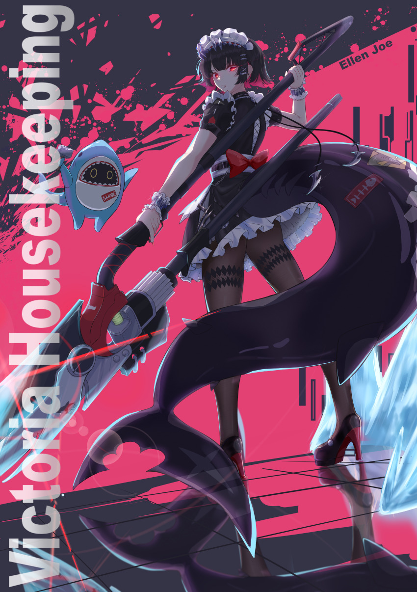 1girl absurdres bangboo_(zenless_zone_zero) black_dress black_hair black_pantyhose character_name dress ellen_joe english_text enpixi fins fish_tail from_behind full_body glowing glowing_eyes high_heels highres ice looking_back maid maid_headdress pantyhose red_eyes scissors shark_girl shark_tail sharkboo_(zenless_zone_zero) solo standing tail zenless_zone_zero