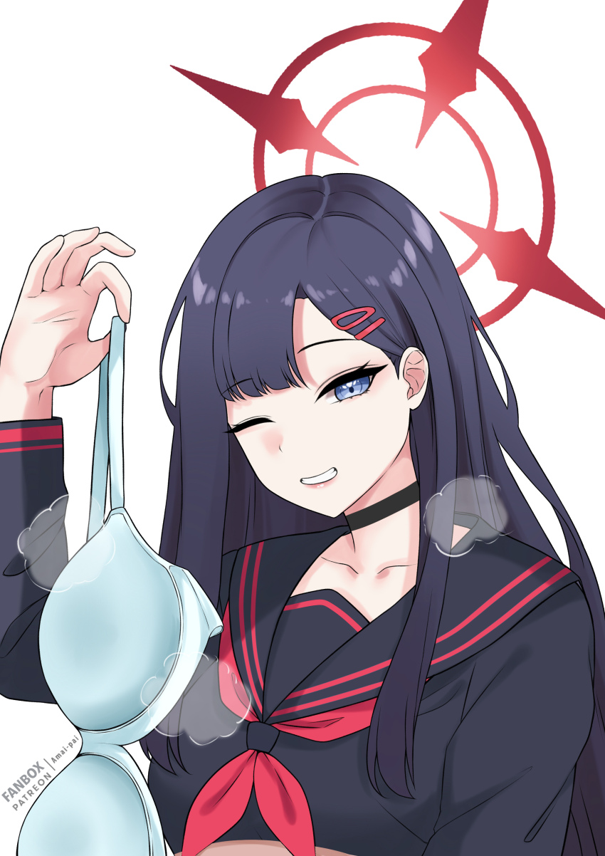 1girl absurdres amai-pai black_choker black_hair black_sailor_collar black_serafuku blue_archive blue_eyes bra choker collarbone grin hair_ornament hairclip halo highres holding holding_bra holding_unworn_clothes holding_underwear holding_unworn_clothes ichika_(blue_archive) long_hair long_sleeves neckerchief one_eye_closed red_halo red_neckerchief sailor_collar school_uniform serafuku simple_background smile solo underwear unworn_bra white_background