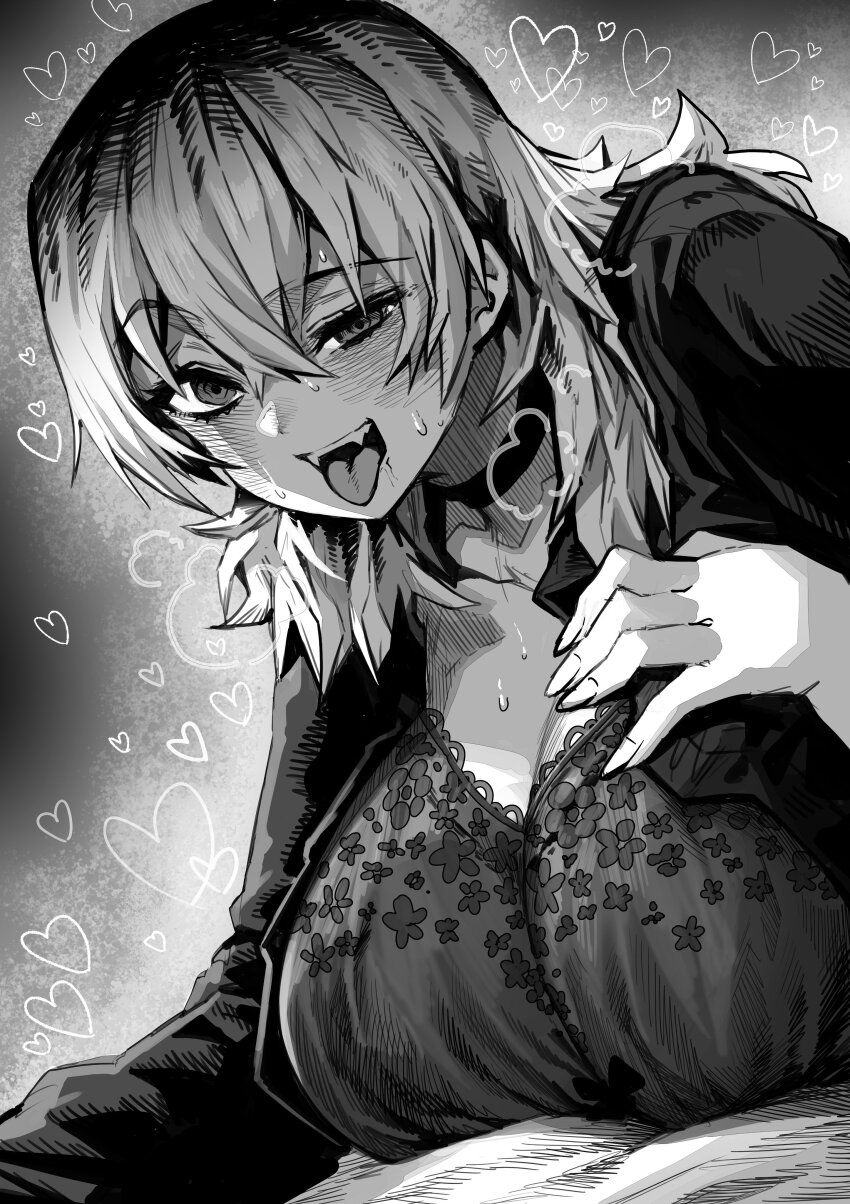 1girl absurdres aroused black_bra black_shirt bra breasts cleavage collarbone fangs gibagiba grey_hair hand_on_own_chest highres huge_breasts lace lace_bra large_breasts long_hair looking_at_viewer monochrome open_mouth shiba_natsuki shirt smile solo ss_kabushikigaisha sweat underwear