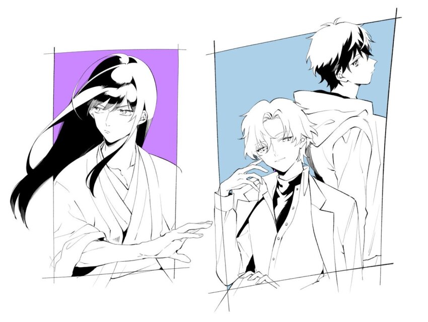3boys bad_id bad_twitter_id blue_background character_request commentary fish_(m8snknk) formal_clothes gintama greyscale_with_colored_background haori hood hooded_coat jacket japanese_clothes katsura_kotarou kimono light_smile long_hair looking_at_viewer looking_to_the_side male_focus multiple_boys outside_border profile purple_background shirt short_hair sidelocks suit sweater symbol-only_commentary turtleneck turtleneck_sweater upper_body