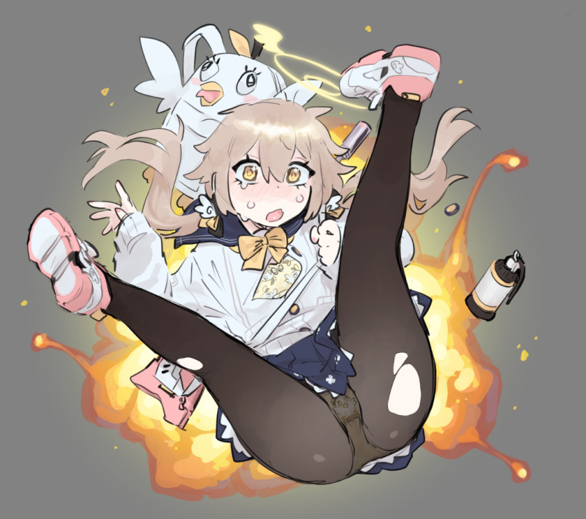 1girl ass black_pantyhose blue_archive bow bowtie cardigan explosion explosive grenade grey_background hifumi_(blue_archive) light_brown_hair panties panties_under_pantyhose pantyhose peroro_(blue_archive) pleated_skirt print_panties school_uniform shoes simple_background skirt sneakers tnso torn_clothes torn_pantyhose twintails underwear yellow_eyes