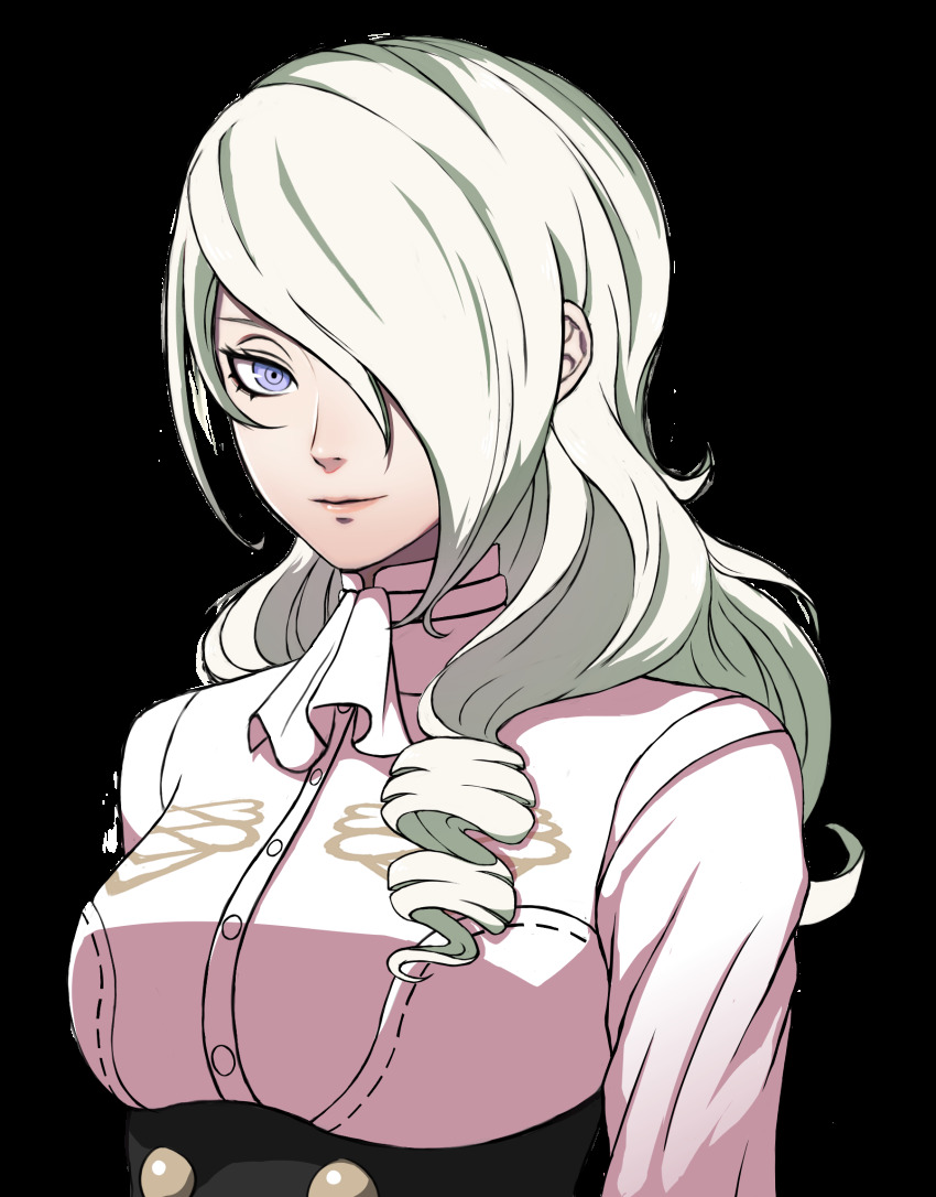 1girl edelgard_von_hresvelg fire_emblem fire_emblem:_three_houses fusion garreg_mach_monastery_uniform grey_eyes hair_over_one_eye highres kirijou_mitsuru long_hair nintendo persona persona_3 portrait ringed_eyes skeletonheaven sprite tara_platt third-party_edit transparent_background upper_body voice_actor_connection white_hair