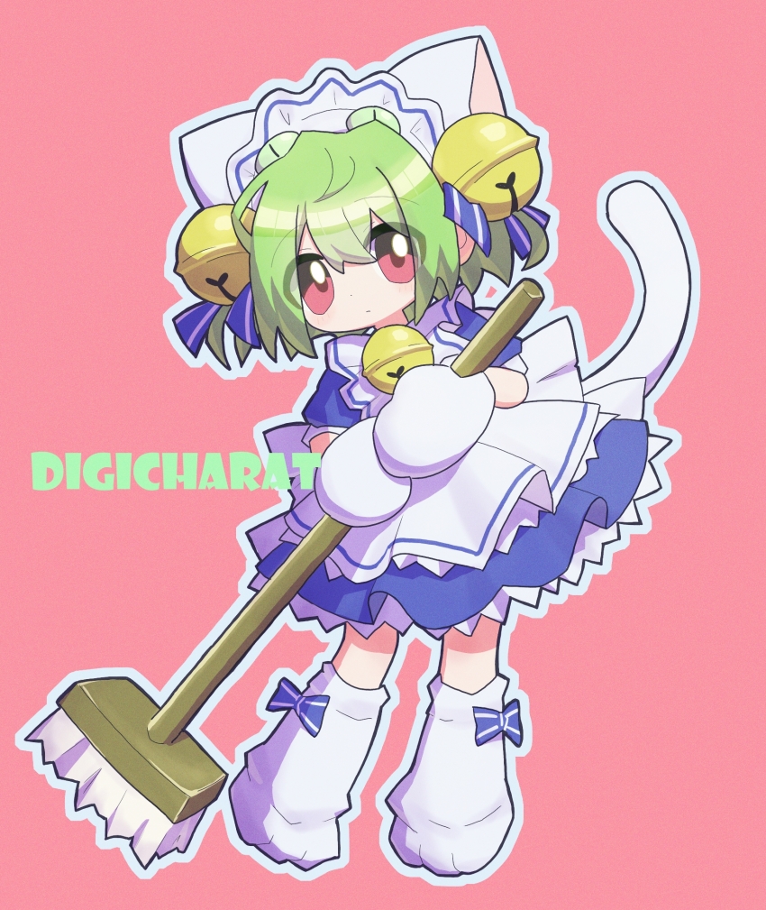 1girl animal_hat bell blue_dress broom cat_hat cat_tail closed_mouth commentary copyright_name dejiko di_gi_charat dress full_body hat highres holding holding_broom looking_at_viewer mittens neck_bell outline pink_background puffy_short_sleeves puffy_sleeves red_eyes robonormal short_sleeves simple_background standing tail white_mittens white_outline