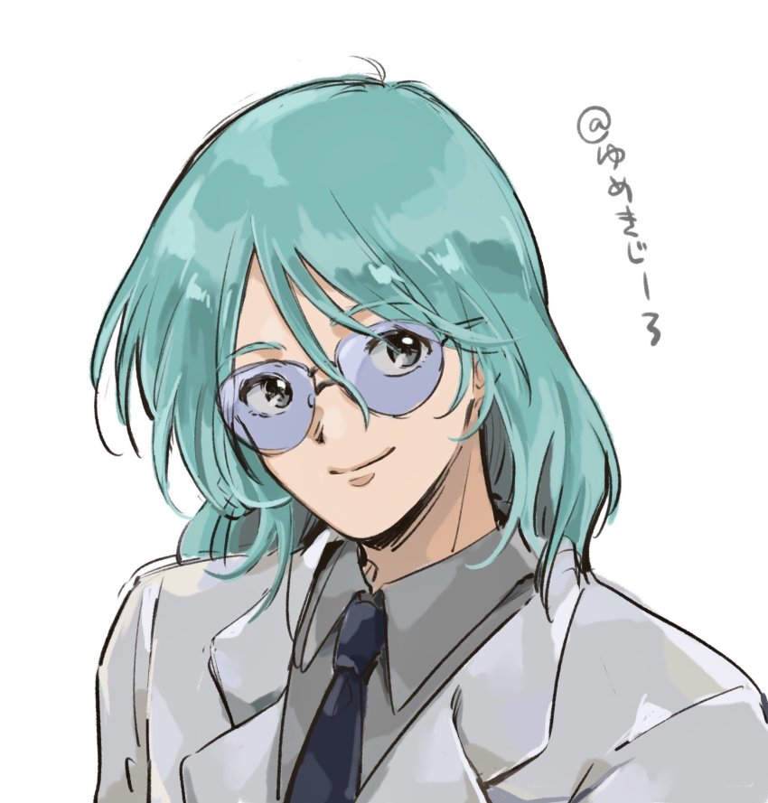 1boy blue_eyes blue_hair blue_necktie choujikuu_yousai_macross collared_shirt formal_clothes grey_jacket grey_shirt head_tilt highres jacket jenius_maximilian long_hair macross male_focus necktie shirt smile solo suit sunglasses upper_body white_background yumekijiiro