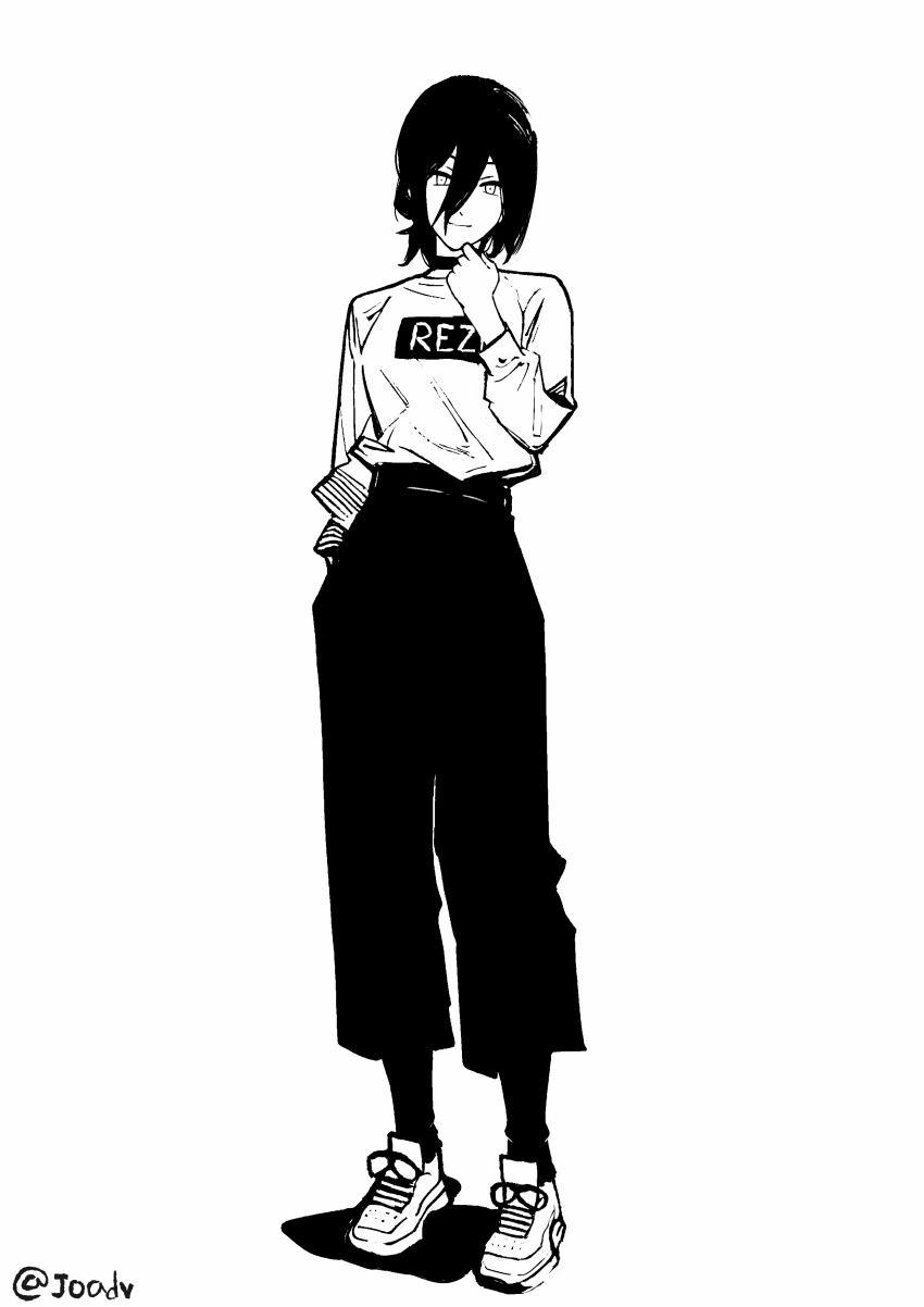 1girl absurdres chainsaw_man choker closed_mouth full_body greyscale hair_between_eyes highres joadv long_sleeves looking_at_viewer monochrome pants reze_(chainsaw_man) shirt shoes solo standing